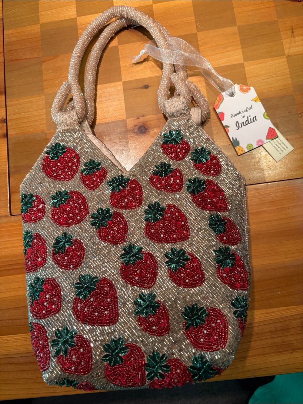 Handcrafted Strawberry Beaded Tote Bag - Red/Green